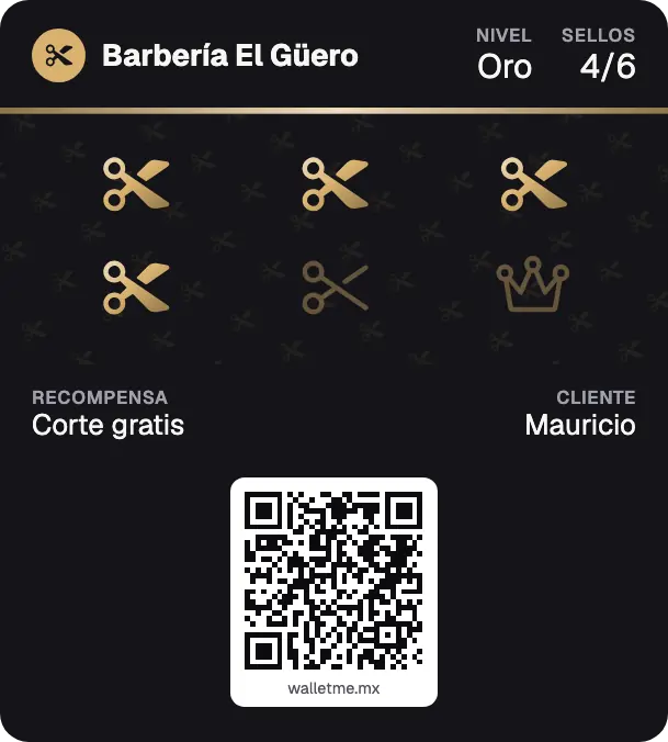 Tarjeta de lealtad de ejemplo de Barbería El Güero: 4 de 6 sellos para Corte gratis.