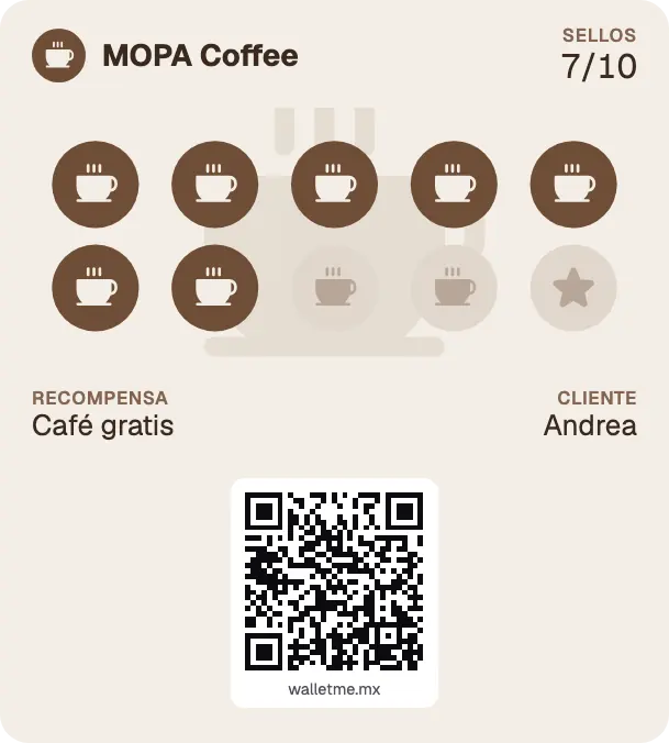 Tarjeta de lealtad de ejemplo de MOPA Coffee: 7 de 10 sellos para Café gratis.