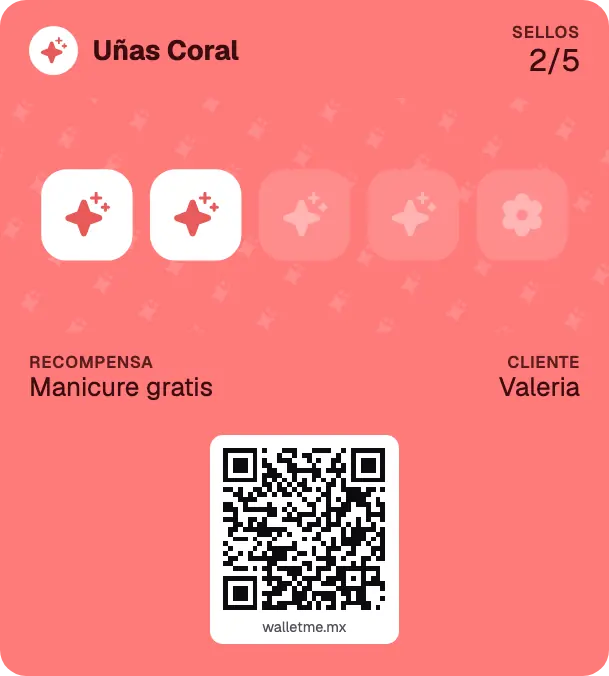 Tarjeta de lealtad de ejemplo de Uñas Coral: 2 de 5 sellos para Manicure gratis.