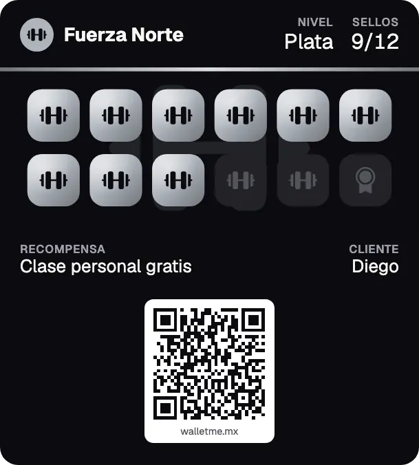 Tarjeta de lealtad de ejemplo de Fuerza Norte: 9 de 12 sellos para Clase personal gratis.