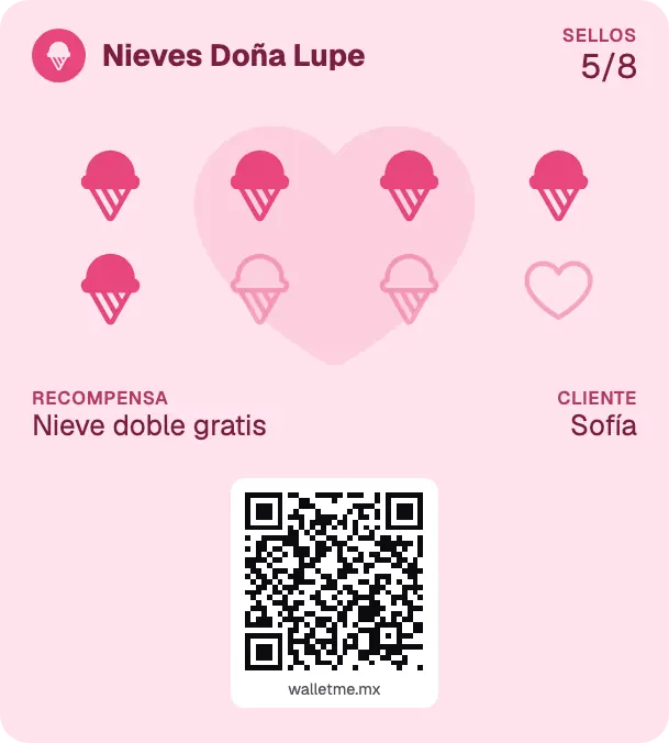 Tarjeta de lealtad de ejemplo de Nieves Doña Lupe: 5 de 8 sellos para Nieve doble gratis.