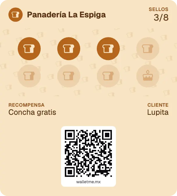 Tarjeta de lealtad de ejemplo de Panadería La Espiga: 3 de 8 sellos para Concha gratis.