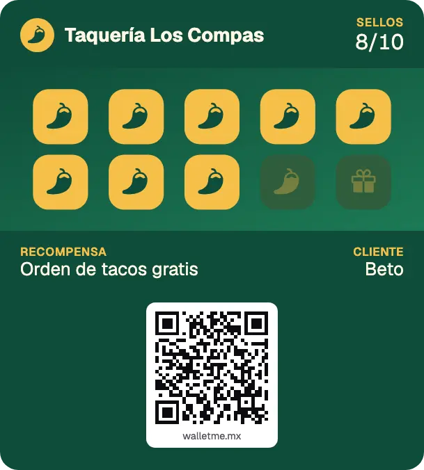 Tarjeta de lealtad de ejemplo de Taquería Los Compas: 8 de 10 sellos para Orden de tacos gratis.