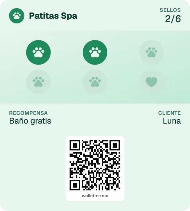Tarjeta de lealtad de ejemplo de Patitas Spa: 2 de 6 sellos para Baño gratis.